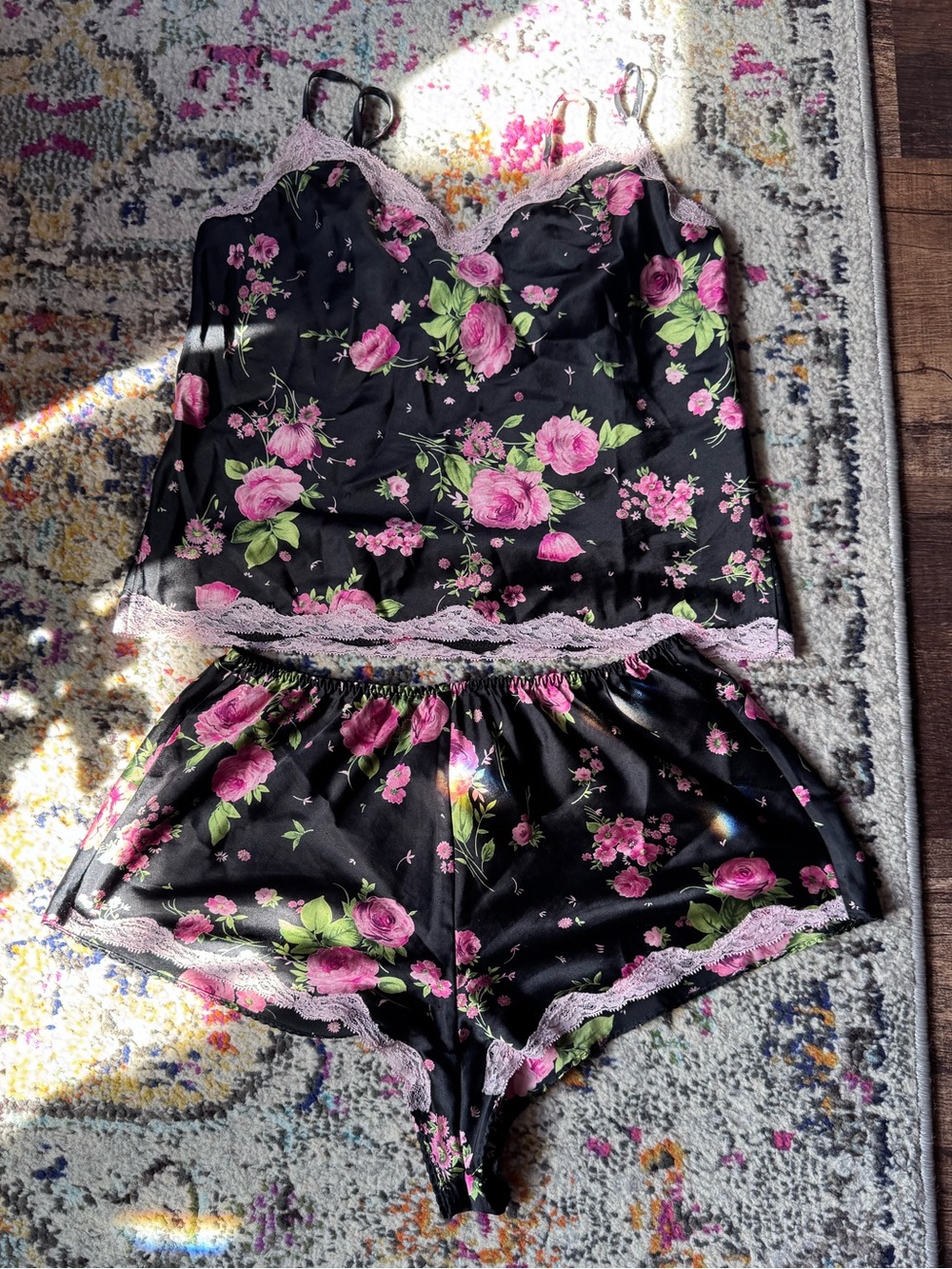 Victoria’s Secret Vintage 2001 Black Floral Pajamas Shorts Set S